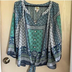 Fig and Flower Teal and Navy Patterned Blouse